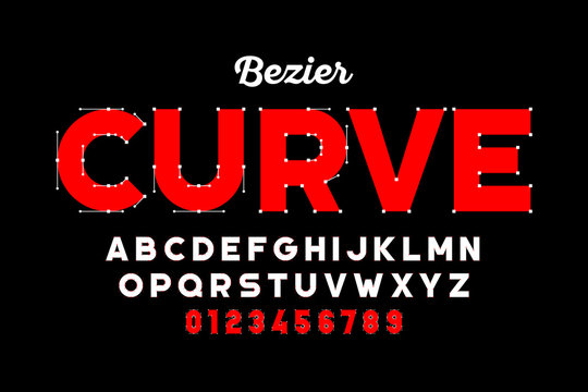 Bezier curves style font design, alphabet letters and numbers