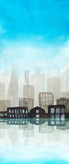 Watercolor flyer urban silhouette of a big town in a haze. Blue sky, dark buildings with luminous windows are reflected in the water. There is a place for text on top or bottom