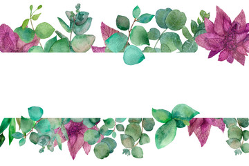 Watercolor hand painted banner frame with green eucaliptus leaves and branches and pink medicinal herb flowers with the space for text