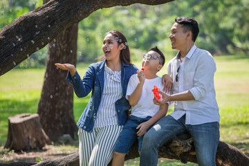 happy asian Family, parents and their children blowing soap bubbles in park together. father, mother ,son sitting on branch of big tree having fun and laughing outside . enjoy