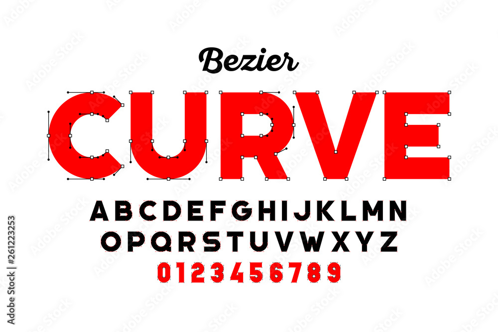 Poster bezier curves style font design, alphabet letters and numbers