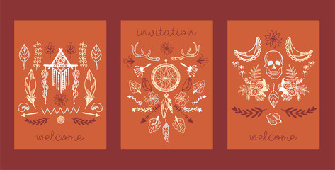 Boho hand drawn set of cards, banners vector illustration. Dream catcher amulet, scull, plants such as flowers with leaves, branch, arrows, moon, feather, ethnic tribal eyes.
