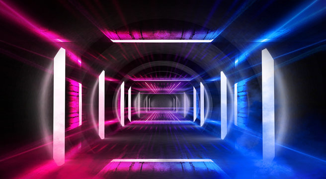 Abstract tunnel, corridor with rays of blue and pink light and neon highlights. Abstract blue and pink background, neon. Empty dark room with rays and lines. Brick walls, concrete floor. Night view. 3
