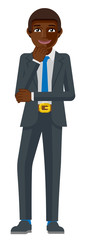 A black business man thinking with his hand on his chin mascot concept