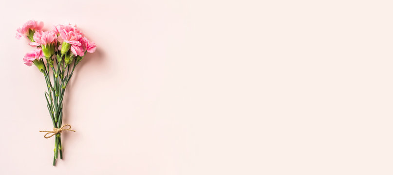 top view of carnation on pink background