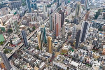 Fototapeta na wymiar Drone fly over Hong Kong city