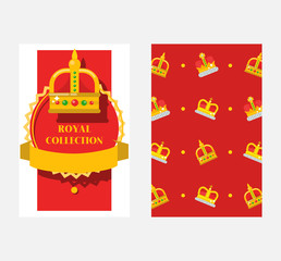 Crowns set of banners, posters vector illustration. Royal collection. Accessories for king and queen, prince and princess. Royal game icon. Gold heraldry and coronation, award.
