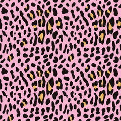 Leopard or Jaguar seamless pattern on a pink background. Exotic wild animal spots. Skin of Jaguar, Cheetah, leopard. Fashionable, elegant, rich Animal abstract texture. print background, fabric. 