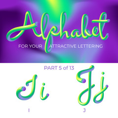 3D neon led alphabet font. Logo J letter, I letter with rounded shapes. Matte three-dimensional letters from the tube, rope green and purple.  Tube Hand-Drawn Lettering. Typography for Music Poster, S