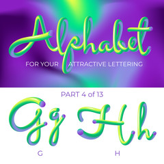 3D neon led alphabet font. Logo G letter, H letter with rounded shapes. Matte three-dimensional letters from the tube, rope green and purple.  Tube Hand-Drawn Lettering. Typography for Music Poster, S