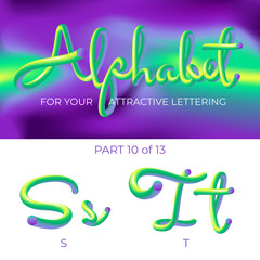 3D neon led alphabet font. Logo S letter, T letter with rounded shapes. Matte three-dimensional letters from the tube, rope green and purple.  Tube Hand-Drawn Lettering. Typography for Music Poster, S