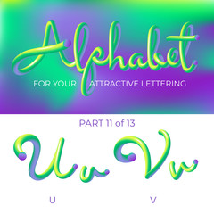 3D neon led alphabet font. Logo U letter, V letter with rounded shapes. Matte three-dimensional letters from the tube, rope green and purple.  Tube Hand-Drawn Lettering. Typography for Music Poster, S