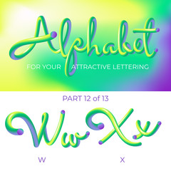 Fototapeta na wymiar 3D neon led alphabet font. Logo X letter, W letter with rounded shapes. Matte three-dimensional letters from the tube, rope green and purple. Tube Hand-Drawn Lettering. Typography for Music Poster, S