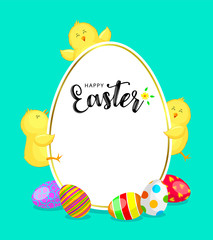 Easter banner oval template with colorful eggs and little chicks. cute cartoon character design. Illustration on green background.