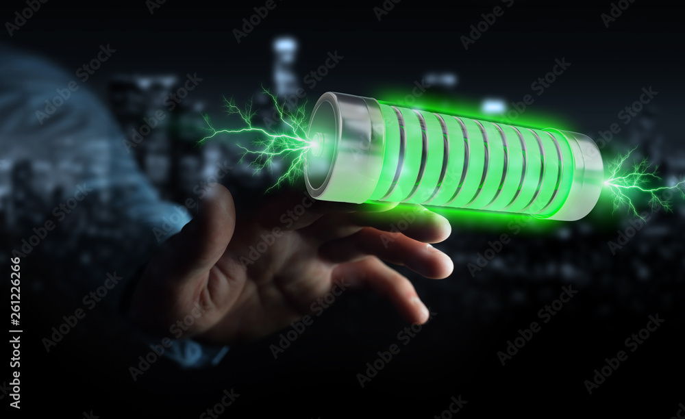 Aufkleber Businessman using green battery with lightnings 3D rendering