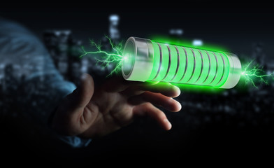 Businessman using green battery with lightnings 3D rendering
