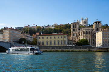 Town  Lyon at  riverside Saone in France, view with buildings and river