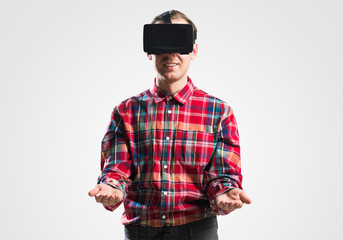 Guy in mask experiencing virtual reality as new entertainment device