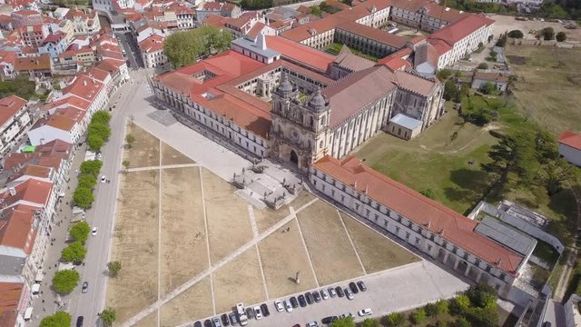 Aerial footage of the historic monastery of Alcoba&ccedil;a located in Portugal.