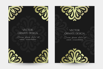 Bronze floral rozette. Luxury vertical posters with ornaments on the black background. Vector design with decorative elements and copy space for vip invitation, funeral cards and other.