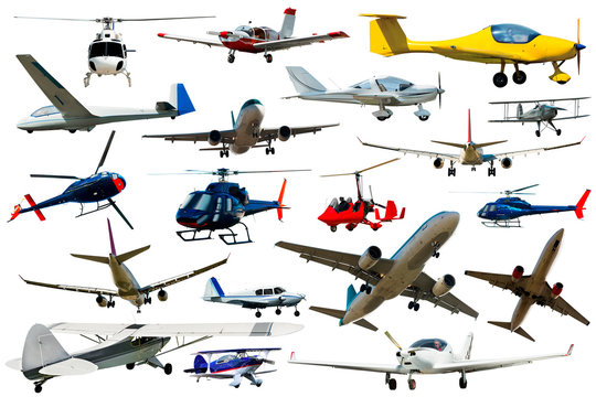 Different sports  and passenger  aeroplanes on a clean white background