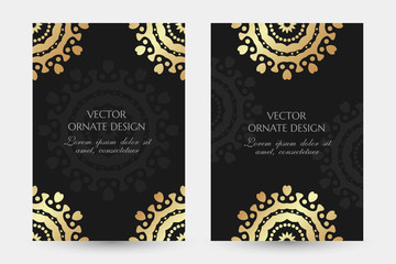 Fototapeta na wymiar Golden circle motif. Luxury vertical posters with ornaments on the black background. Vector design with decorative elements and copy space for vip invitation, funeral cards and other.