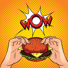 Color vector illustration in the style of comic pop art. Male hands hold a juicy burger over a halftone background. Advertising poster with  words wow. Concept design for fast food restaurants