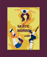 Skateboard boys banner, poster vector illustration. Young guys riding and doing tricks on skate. Spending free time. Healthy lifestyle concept. Learning in school. Active hobby.