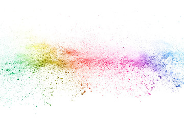 Multicolor powder explosion on White background. Colored cloud. Colorful dust explode. Paint Holi.