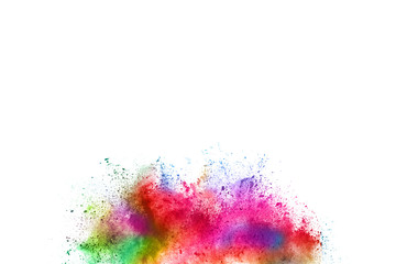 Multicolor powder explosion on White background. Colored cloud. Colorful dust explode. Paint Holi.