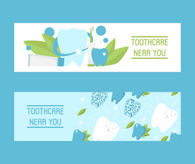 Toothcare near you set of banners vector illustration. Healthy tooth under protection with glowing effect, teeth whitening concept. Oral care clinic. Mint toothpaste with brush. Herbs.