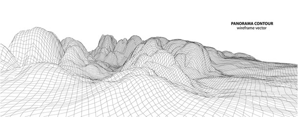 3D wireframe of contour swirl. Abstract wireframe background. Black and white wave.  - obrazy, fototapety, plakaty