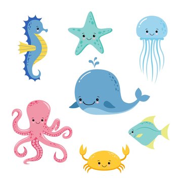 Cute baby sea fishes. Vector cartoon underwater animals collection. Jellyfish and starfish, ocean and sea life illustration