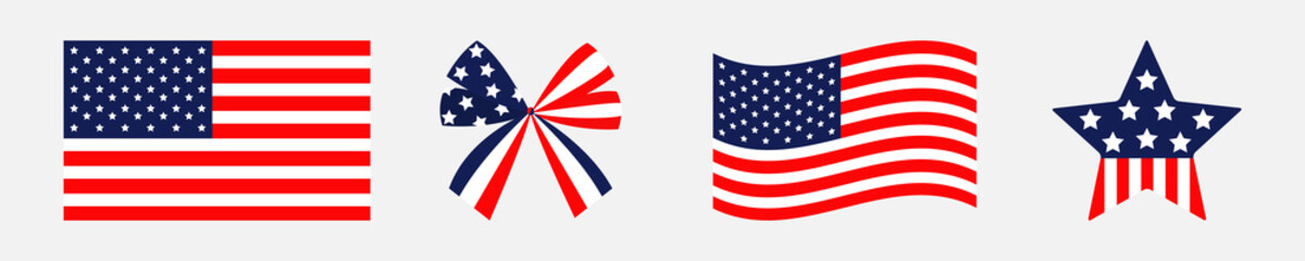 Ribbon bow Star shape American flag wave icon set line. Stars and strips . Isolated. Red and blue color. White background. Holiday sign symbol. Flat design.
