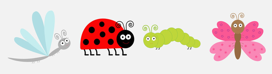 Insect icon set line. Ladybug, dragonfly, butterfly and caterpillar. Cute cartoon kawaii funny character. Flat design. White background. Isolated.