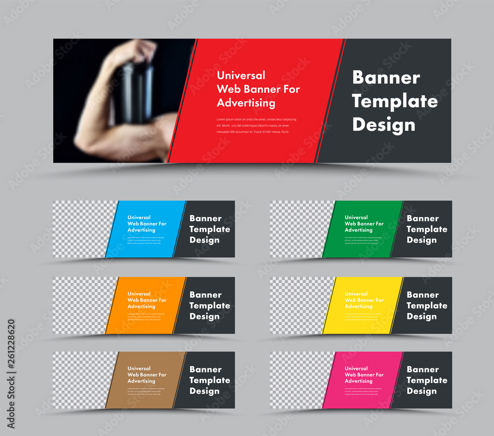 Poster Template of vector horizontal web banners with diagonal elements and place for photo