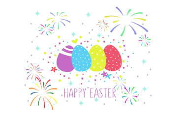Vector illustration of Happy Easter text for template invitations, greeting cards.  Text on the background of colorful eggs, fireworks, flowers, confetti. EPS 10.