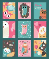 Owl set of cards or banners vector illustration. Hello, hi, how are you. Cute cartoon wise birds with wings of different color for greeting cards. Nice to meet you. Baloons, stars.