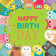 Owl pattern vector illustration. Welcome to my birthday. Make a wish. Cute cartoon wise birds with wings for invitations and celebration party. Happy birthday. Stars and confetti.