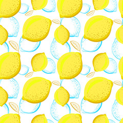 Lemon seamless pattern. Colorful sketch lemons. Citrus fruit background. Elements for menu, greeting cards, wrapping paper, cosmetics packaging, posters etc