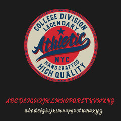 Athletic. Classic retro badge. Script and serif font. Handmade logo and font. Old school.	