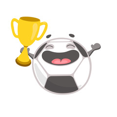 Happy soccer ball cartoon character holding winner's cup and laughing. Football champion. Vector illustration isolated on white background.