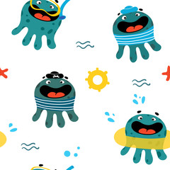 Cute octopus seamless pattern. Cartoon poulpe or devilfish character: in a pirate suit, with diving mask, in a sailor's costume and with lifebuoy. Childish texture for baby textile and kids wear