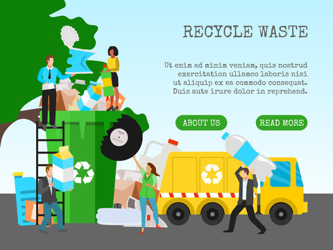 Recycle garbage, save ecology concept banner vector illustration. Small people throwing trash into big recycle bin. Waste plastic separate cans recycling. Sorting things.
