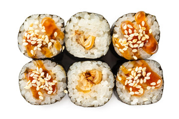 Top view closeup japanese classic sushi rolls with tuna served with teriyaki isolated at white background.