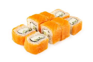 Closeup set of japanese philadelphia sushi rolls set with salmon isolated at white background.