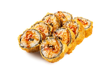 Closeup set of tempura fried sushi rolls with eel served with teriyaki isolated at white background.