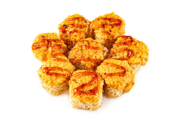 Closeup hot sushi rolls set with fried cheese, sesame and teriyaki isolated at white background.
