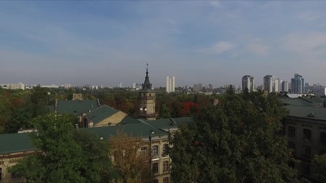 Architectural monument of the 19th century. Brick building of the main building of the Ukrainian Polytechnic University in Kiev. View from above. Drone.
