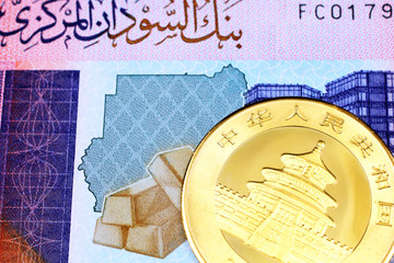 A close up image of a colorful Sudanese fifty pound bank note with a gold Chinese panda coin in macro